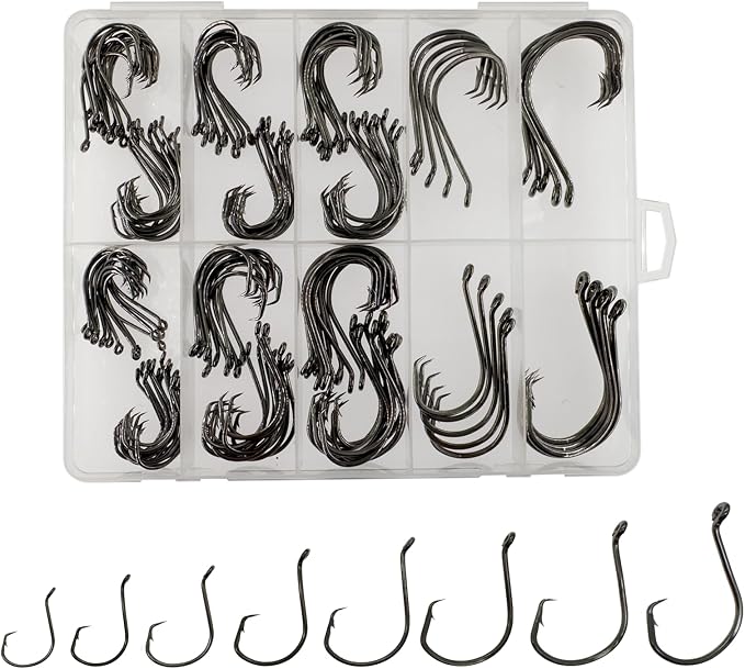 Afmivs Fishing Hooks Saltwater, 160PCS Circle Hooks Saltwater, Fish Hooks for Fishing Gear Tackle, Catfish Octopus Hook #1 1/0 2/0 3/0 4/0 5/0 6/0 8/0 Black High Carbon Steel with Portable Plastic Box