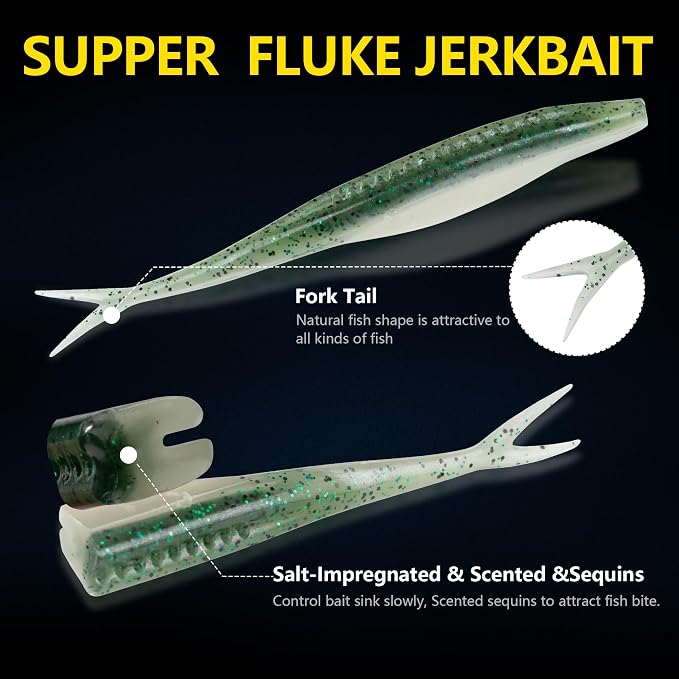 Fishing Bait Soft Plastic Lures 30/50 Pcs, Weighted Hooks 10 Pack & 40-Piece Set, 4in/5in Salty Split Tail Jerk Shad, 3/0 4/0 5/0 Weedless Swimbait Hook for Bass Fishing