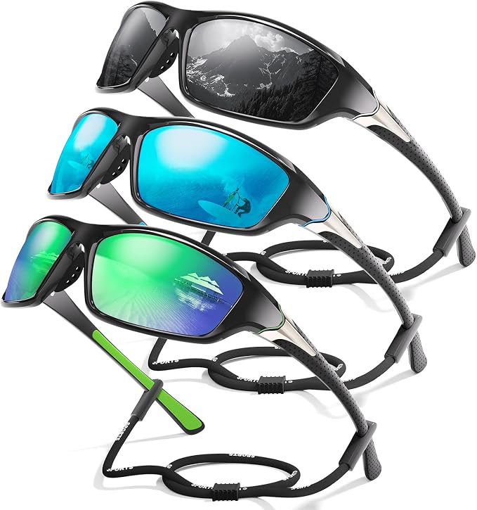 3 Pack Polarized Sports Sunglasses for Men, Mens Sunglasses Wrap Around UV Protection for Cycling Fishing Driving