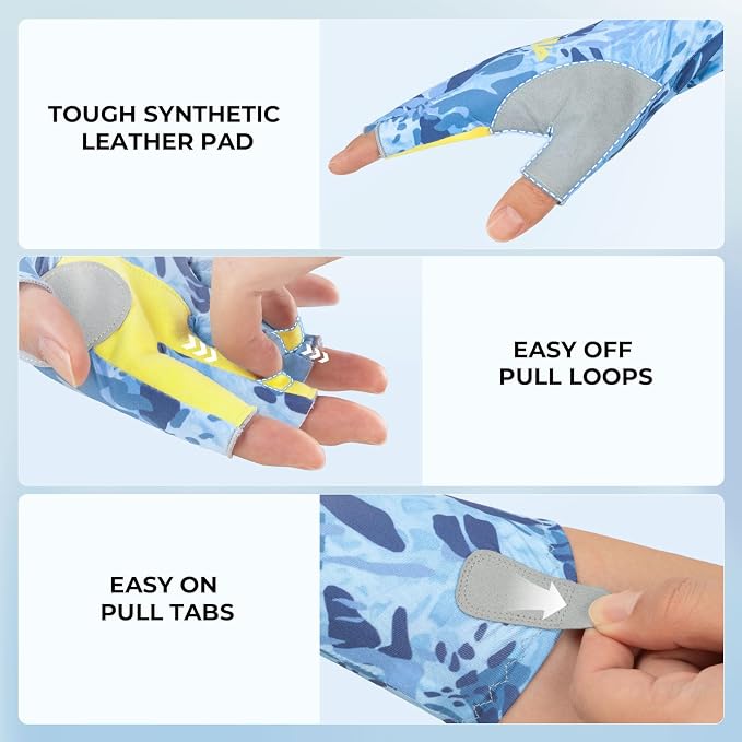 KastKing Agies Fishing Gloves Men, UPF 50+ Sun Gloves UV Protection, Cooling Quick-Dry 3/4 Fingerless Gloves with Extended Cuff, Microfiber Palm & Pull Tabs, for Fishing, Kayaking, Hiking, Hunting