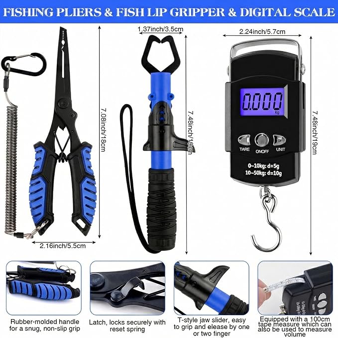 3-Layer Fishing Tackle Box with Tackle Included, Fishing Tools Kit Includes Pliers Fish Lip Gripper Scale Crankbait Spinnerbaits Soft Baits Hooks, Ideal Gift for Angler Saltwater Freshwater (Blue)