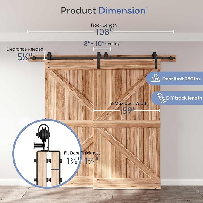 EaseLife 9 FT Bypass Double Sliding Barn Door Hardware Kit,Single Track, Slide Smoothly Quietly, Easy Install (9FT Track Kit for Double 59" Wide Door)