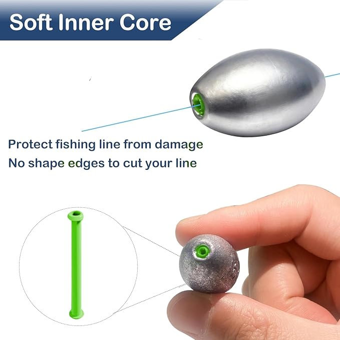 Egg Sinkers Bullet Fishing Weights Oval Shaped with Plastic Core Slip Sinkers for Catfish Fishing Casting Saltwater and Freshwater 1/5oz to 2oz