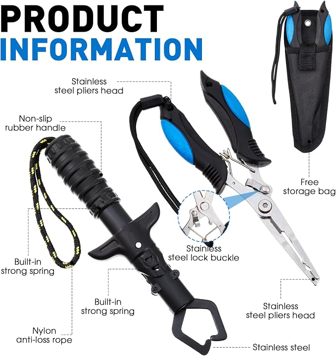 RoundFunny 10 Pcs Fishing Tool Kit, Fishing Pliers with Lanyard and Protective Sheaths, Landing Net, Fillet Knife, Fish Scale, Gripper, Hook Remover, Braid Scissors, Gloves for Men Dad Gift