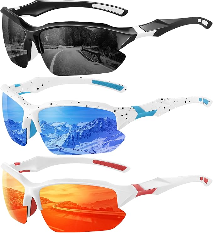 XVXV 3 Pack Polarized Sports Sunglasses for Men, UV Protection Half Frame Sunglasses Comfortable for Running Cycling Driving