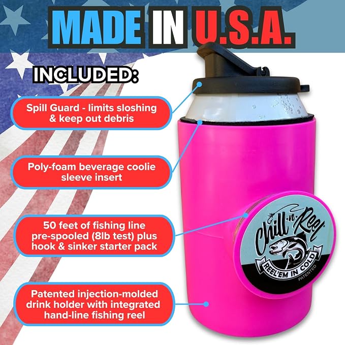 Made in USA | Fishing Can Cooler from Shark Tank | Hard Shell Drink Holder with Hand Line Reel | Fits Most Can Sleeves or Coozies | Unique Fishing Gift for Men | Retail Box Packaging | Pink