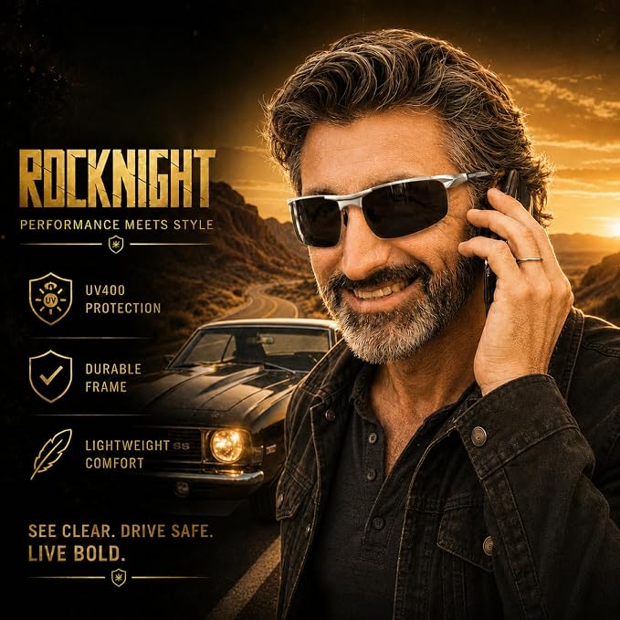 ROCKNIGHT Polarized Rectangular Sunglasses for Men Driving UV400 Protection Lightweight Al‑Mg Frame