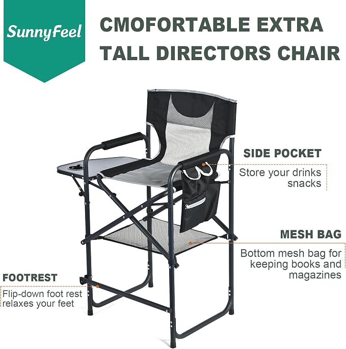 SUNNYFEEL Tall Camping Directors Chair, Portable Folding Artist Makeup Chair with Side Table, Pocket, Footrest, Heavy Duty for Beach,Trip,Picnic,Concert Outdoor Foldable Camp Lawn Chairs
