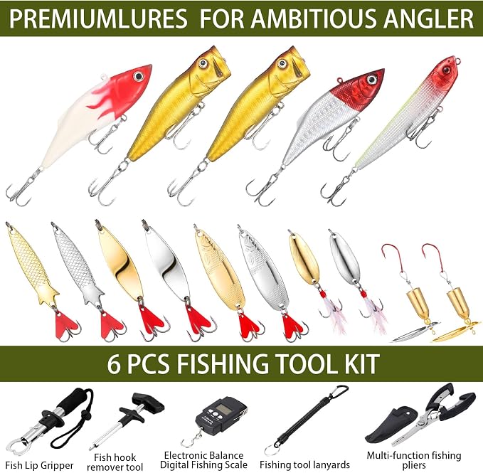 Gemscream 393 Pcs Fishing Tool Kit Fishing Backpack with Tackle Boxes Included Pliers Gear and Equipment Bait Rigs Fish Lip Gripper Lure Gear Kit Fish Hooks Remover Tools