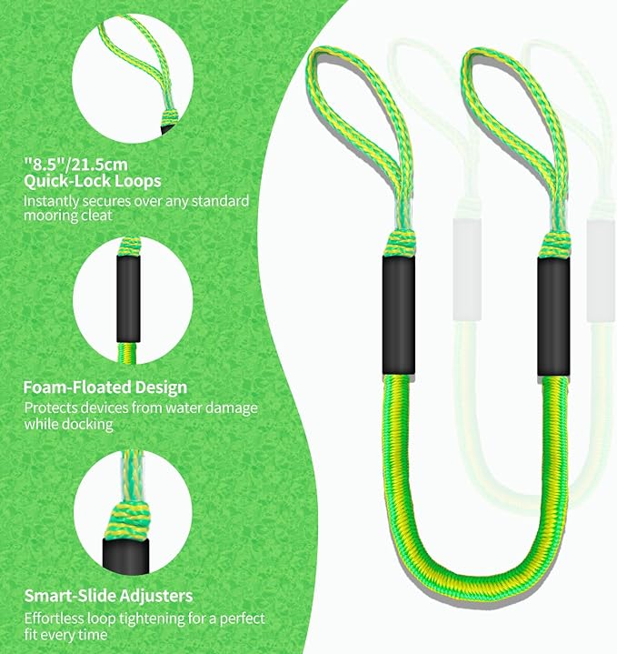 2-Pack Bungee Dock Lines for Boats with Loops, Boat Tie Downs for Docking, Adjustable Boat Mooring Rope for Pontoon, Jon Boat & PWC (Green & Yellow, 4 FT)