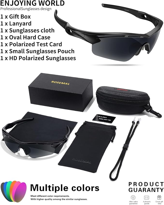 Rosemal Sports Sunglasses Polarized Cycling Sunglasses Running Driving Fishing Hiking for Men Women UV400 TAC TR90