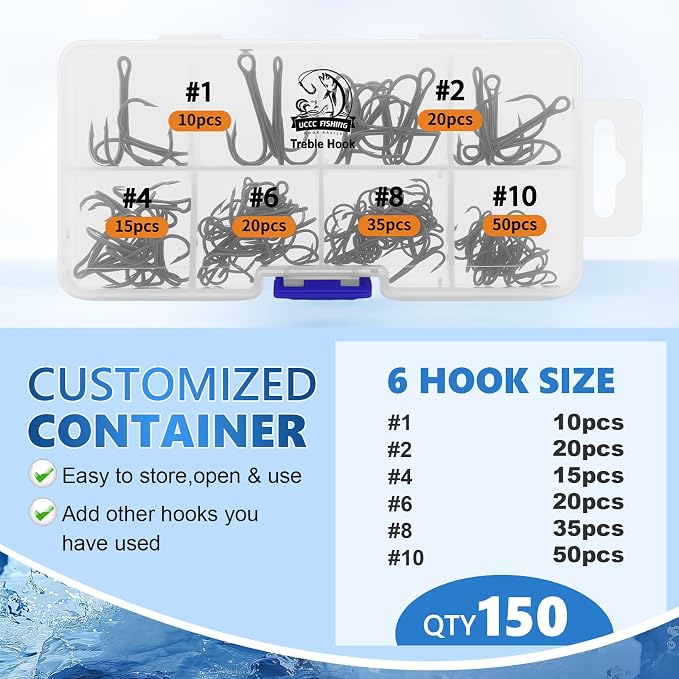 UCEC Fishing Hooks Treble Hooks Kit for Saltwater Freshwater, High Carbon Steel Strong Sharp Round Bend for Catfish Trout Hard Baits Lures, Size #1#2#4#6#8#10#12#14 110/50/210 Pack with Split Rings