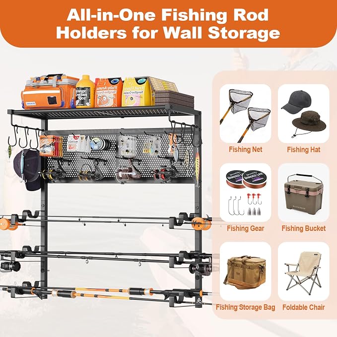 Olakee Wall Mount Fishing Rod Holders, Large Capacity Fishing Pole Holders for Garage Organizer, Horizontal Fishing Pole Rack Holds Up to 6 Rods with Pegboard & Hooks, Ideal Gift for Men Dad Anglers