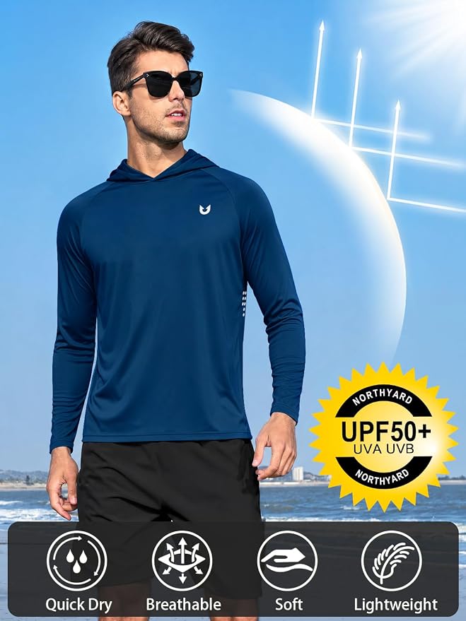 NORTHYARD Men's UPF 50+ Rash Guard Hoodie Long Sleeve Sun Protection Shirt Fishing Swim Beach Hiking Quick Dry Lightweight