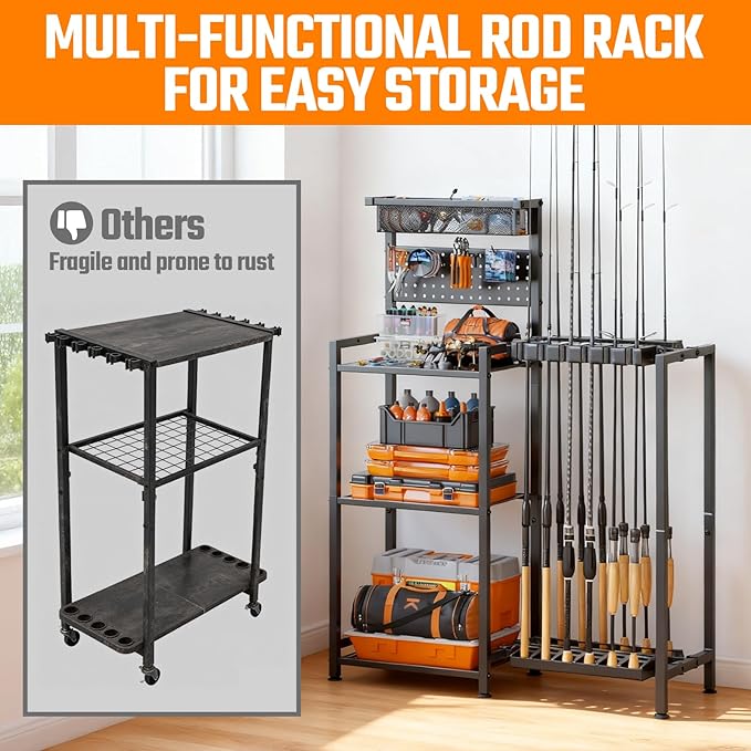 Fishing Rod Holders for Garage, Fishing Pole Holder with 3 Tier shelf, Heavy Duty Fishing Pole Rack with Pegboard & Basket, Fishing Rod Rack Hold up to 12 Fishing Rods, Ideal Fishing Gifts, Black