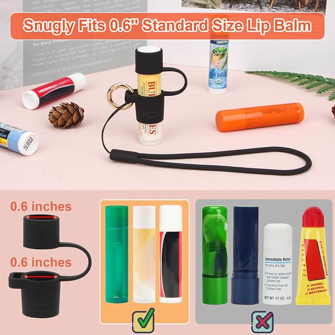 Silicone Chapstick Holder with Cap Cover, 0.6'' Diameter Portable Lip Balm Holder Key Chain Sleeve Chapstick Keychain Holder with Wrist Strap Lanyard - Black
