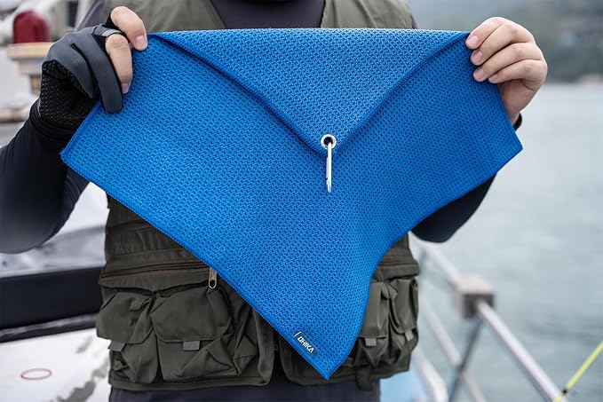 Microfiber Fishing Towels with Clip, Waffle Pattern for Effective Cleaning of Fishing Gears or Dirty Hands, 16” x 16”, Camping Towels, Hiking Towels, Pack of 3 (Black/Grey/Blue)
