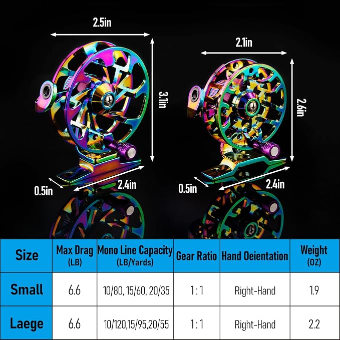 Alwonder Ice Fishing Reel Dazzling Color, CNC-Machined Aluminum Ultra-Lightweight and Durable Inline Ice Fishing Reel, Smooth Right Hand Ice Reels Fishing Gear