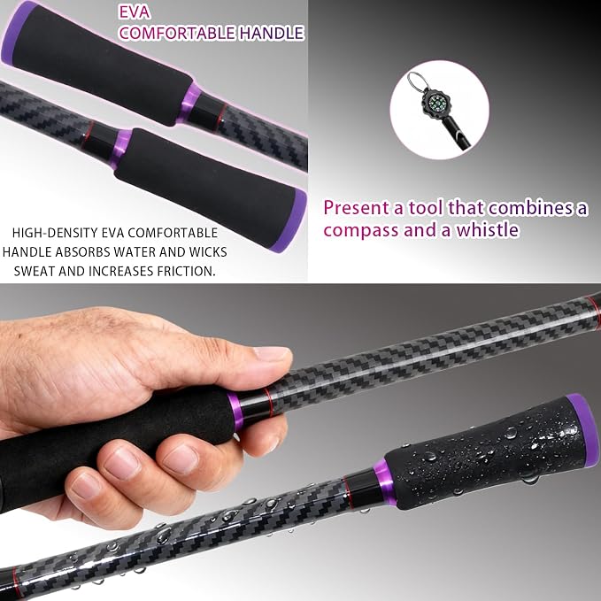 24-Ton Carbon & Fiberglass Spinning/Casting Rod, Lightweight 2-Piece Sensitive Fishing Rod with Ceramic Guides & Split-Grip Handle for Bass, Trout, Pike