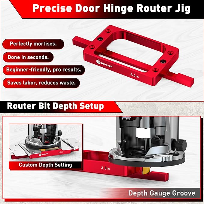 3-1/2" Fixed Size Door Hinge Jig for Door and Jamb, Aluminum Alloy Door Hinge Template Kit for Router, Mortise Jig Fits 3.5" Length 1/4" R, 5/8" R and Square Corner Hinges (3.5 in)