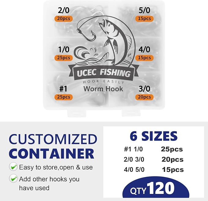 UCEC Fishing Hooks, 140PCS/ 100PCS/ 60PCS EWG Offset Worm Hooks Bass Hooks Wide Gap 2X Strong Senko Bait Texas Rig Jig Fish Hooks for Bass Trout Saltwater Freshwater Size:#4#2#1 1/0 2/0 3/0 4/0 5/0
