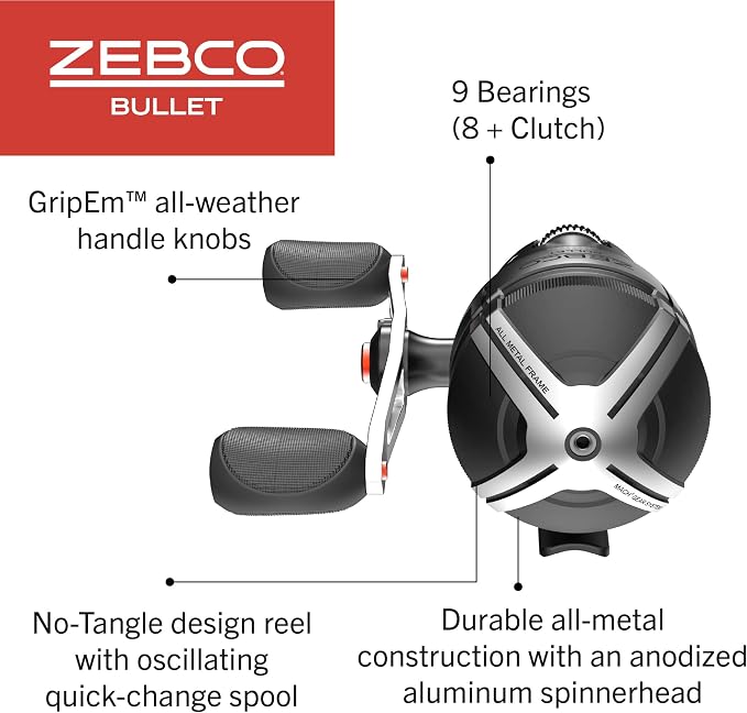 Zebco Bullet Spincast Fishing Reel, Durable All-Metal Construction, Solid-Brass Pinion Gear, Pre-Spooled with 10-Pound Zebco Fishing Line, Black