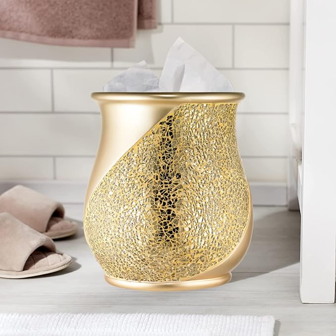 Zahari Home 2pc Sinatra Modern Bath Accessories Set Waste Basket & Tissue Box Champagne Gold Modern Decorative Beautiful Designs Bathroom Decor Set for Home Luxury Bath Set Mosaic Glass