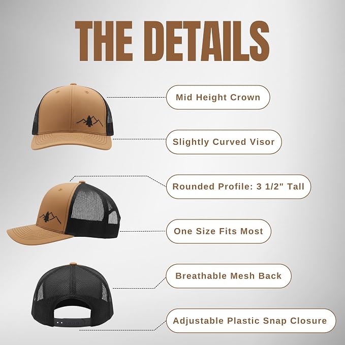 LINDO Trucker Hat [ Great Outdoors Design ] for Men and Women: Mid Profile Cap with Breathable Mesh Back and Adjustable Snap
