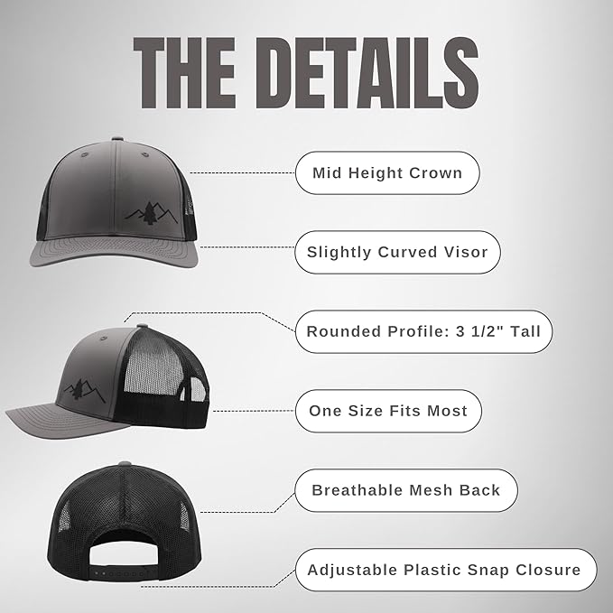 LINDO Trucker Hat [ Great Outdoors Design ] for Men and Women: Mid Profile Cap with Breathable Mesh Back and Adjustable Snap