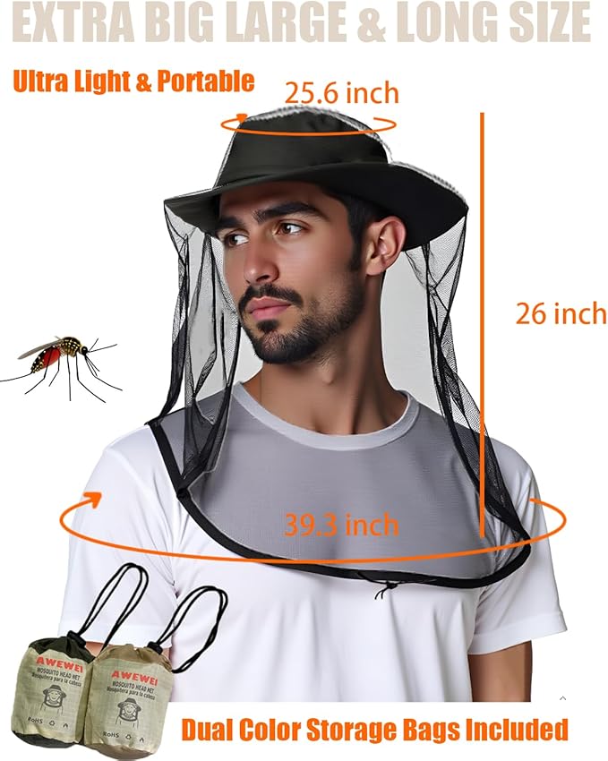 Mosquito Head Net, 2 Pack Ultra Fine Ice Silk Cooling Breathable Soft Large Long Mesh for Outdoors, Fits Most Hats