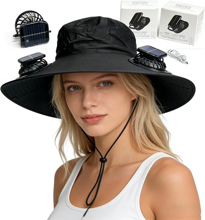 Solar Fan Hat, Hat with Fans Solar Power,Solar Powered Fan Hat for Outdoor Fishing, Hiking Gardening, USB Solar Charging Includes 2 Solar Fans(Black-XL)