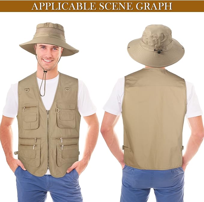 Janmercy 2 Pieces Men's Work Fishing Vest with Hat Lightweight Safari Travel Hunting Waistcoat With Multi Pockets Fishing Hat