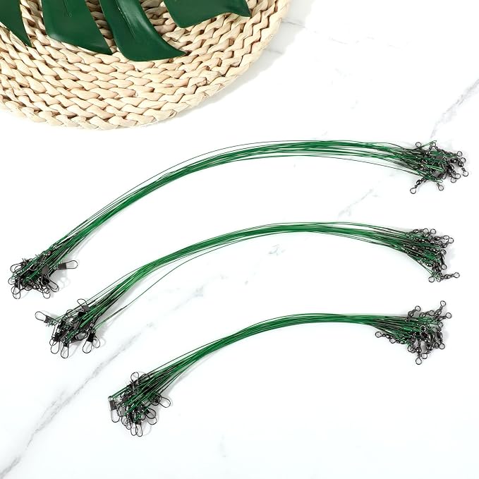 Fishing Leaders with Crane Swivel and Snaps, 60 Pcs 8in/10in/12in Fishing Wire Leaders, Saltwater/Freshwater, Leader line for Carp, Pike, Catfish, Muskie, Walleye, Bass, Mackerel, Snapper, etc (Green)