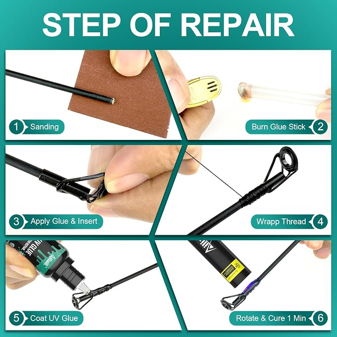 Fishing Rod Tip Repair Kit, Complete Supplies for Fishing Pole Tip Replacement with 10 Sizes Top Eyelets, Glue, UV Flashlight, Wrapping Thread, Easy&Quick Repair Broken Fishing Accessories
