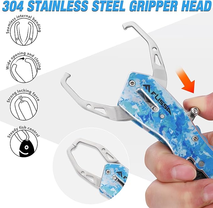 FLISSA 7" Camo Fish Gripper, 40 Pound Lip Gripper with Aluminium Alloy Handle, Stainless Steel Grabber with Carabiner and Spring Anti-Lost Rope, Lightweight Holder for Fishing