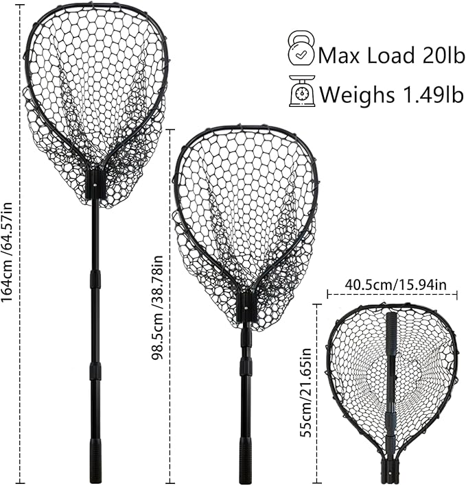 Telescoping Rubber Fishing Net with Handle 64"/46“ Long Silicone Large Fish Landing Net Kayak/Fishpond/Saltwater Extendable Fishing Gear Accessories