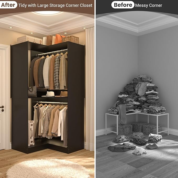 Armocity Corner Closet System, 32 Inches Wide Wood Corner Unit with 2 Hanging Rods and All Hardware Kits, 3-Tier 80'' Height Corner Wood Closet Tower, Black