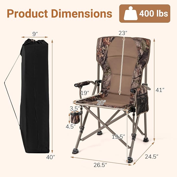 Goplus Folding Camping Chair, 400 LBS Support Lawn Chair w/Armrests with Covers, Cup Holder & Storage Pocket, Adjustable Feet, Portable Camp Chair with Carrying Bag, for Fishing Hunting Picnic