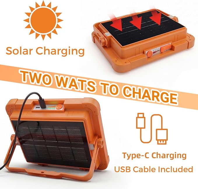 120W Solar Rechargeable Work Light, 192 LED 10000LM Portable Flood Light with Stand，LED Work Light with 5 Modes，IP66 Waterproof Outdoor Light for Mechanic Camping Fishing Repair (1)