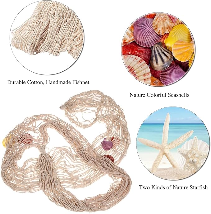 79 x 59 inch Nature Fish Net Wall Decoration with Colorful Sea Shells and 10 Pcs Natural Starfish Ocean Themed Mediterranean Style Fishing Net for Beach Party,Wedding,photography Wall Decoration