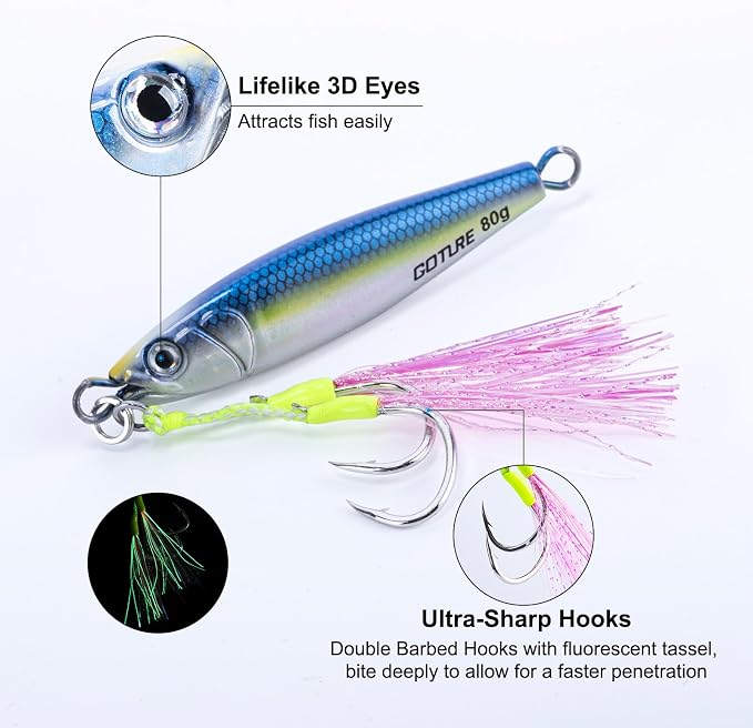 Goture Fishing Jigs Saltwater, 60g/80g/100g/150g Vertical Jigging Lures with Double Assist Hooks, Speed Fast Fall Jig Deep Sea Fishing Jigging Spoon Lures for Tuna,Salmon,Grouper Snapper, Kingfish