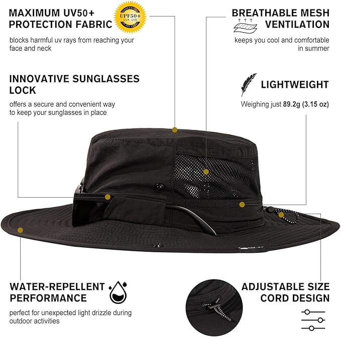 TOP-EX Men's Wide Brim Sun Hat UPF 50+ Waterproof, Packable Breathable Mesh Boonie Bucket Cap for Hiking Fishing Safari