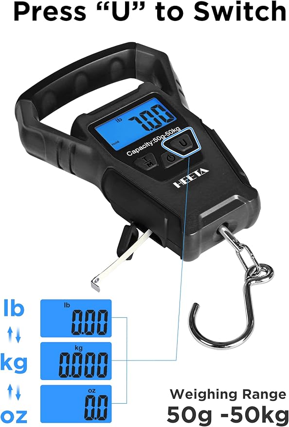 HEETA Waterproof Fish Scale Digital with Backlit LCD Display, 110lb/50kg Portable Hanging Scale Fishing Scale for Home and Outdoor, Measuring Tape and 2 AAA Batteries Included