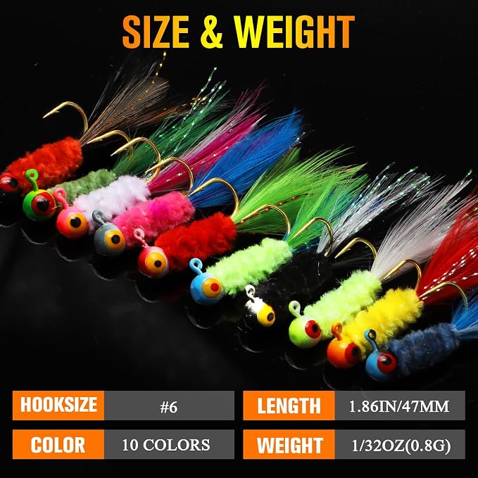Dovesun Crappie Jigs, Jig Heads with Feather Hand-Tied Marabou Jigs Ice | Fly Fishing Lures 10 Colors 1/32oz 1/16oz 1/8oz Fishing Hair Jigs for Panfish Sunfish Walleye 20-40pcs