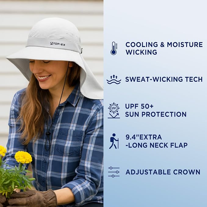 TOP-EX Cooling Sun Hat with Neck Flap – UPF 50+ Wide Brim Breathable Hat for Hiking, Fishing & Big Heads