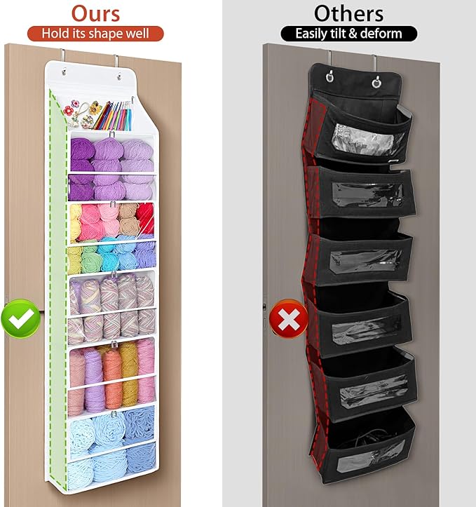 Univivi Hanging Yarn Storage Organizer with 6 Zipper Closure Compartments, Large Capacity Knitting Organizer Storage, Over the Door Hanging Yarn Holder for Knitting Needles, Crochet Hooks(Clear White)