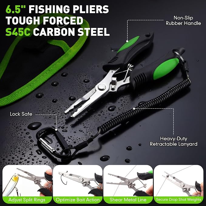 RoundFunny 14 Pcs Fishing Tool Kit, Fillet Knife, Fishing Pliers with Lanyard, Digital Scale, Lip Gripper, Hook Remover Fish Scaler Braid Scissors Gloves Sharpening Rod Retractor Towel Bag