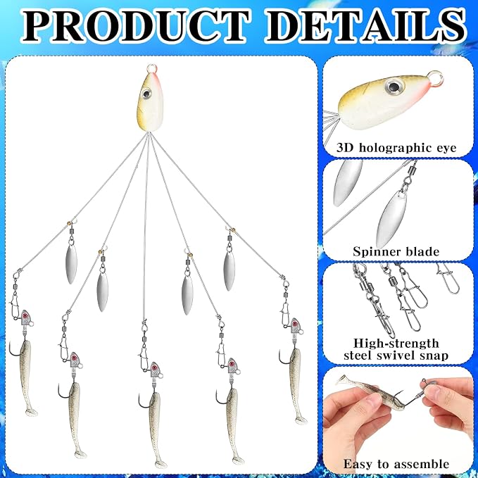 Lunmon 2 Pcs Umbrella Rig Fishing Lure Bass Bait Kit 5 Arms Baits Multi Lure Rigs for Trout Perch Walleye Freshwater Saltwater Boat Trolling