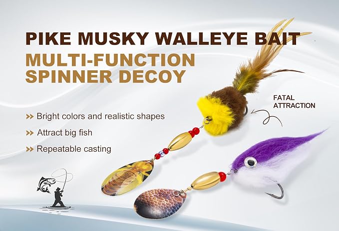 Pike Musky Walleye Fishing Lure Spinnerbait with Feathered Hooks Rooster Tail Fishing Lures Spoon Lures Baits with Tackle Box