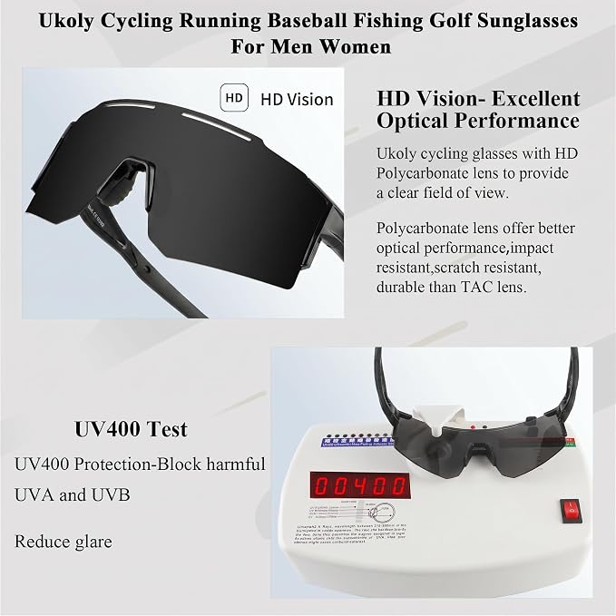 Ukoly Cycling Sunglasses for Men Women with 3 Interchangeable Lenses, Polarized Sports Sunglasses, Baseball Sunglasses